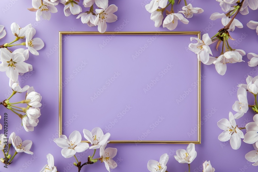 A photo of white cherry blossoms on a purple background with a gold frame. A photo of white cherry blossoms on a purple background with a gold frame.