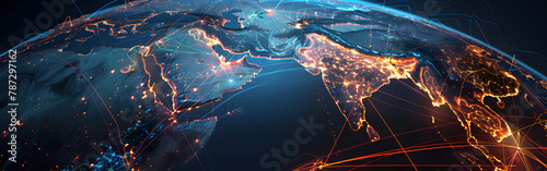 A striking representation of a digital map of the world illuminated with radiant blue neon lines, signifying high-tech global routes