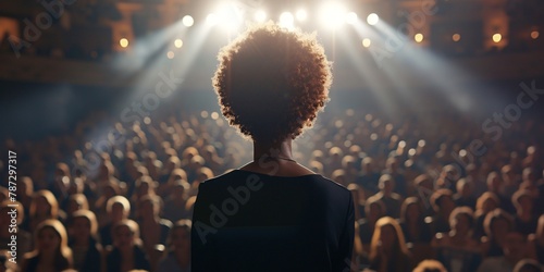 Back view of african american woman with curly hair looking at stage in concert hall