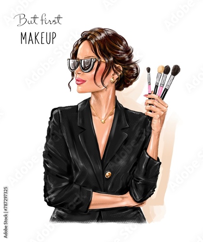 Beautiful brunette hair woman holding makeup brushes. Makeup artist concept. Fashion illustration 