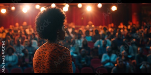 Rear view of a female speaker standing in front of a large group of people in the auditorium