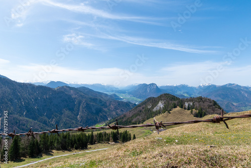 Alpine Landscape in Kaisertal: Serene Sunny Day with Lush Meadows and Forested Hills (Ritzaualm, Ausria) photo