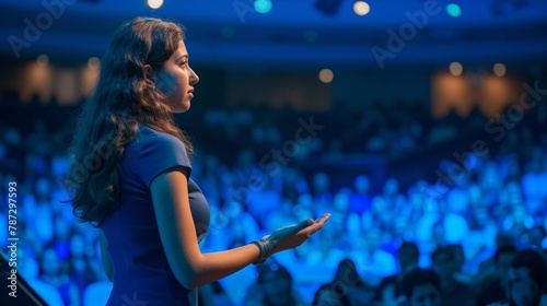 Asian businesswoman speaking on stage in a conference hall or auditorium