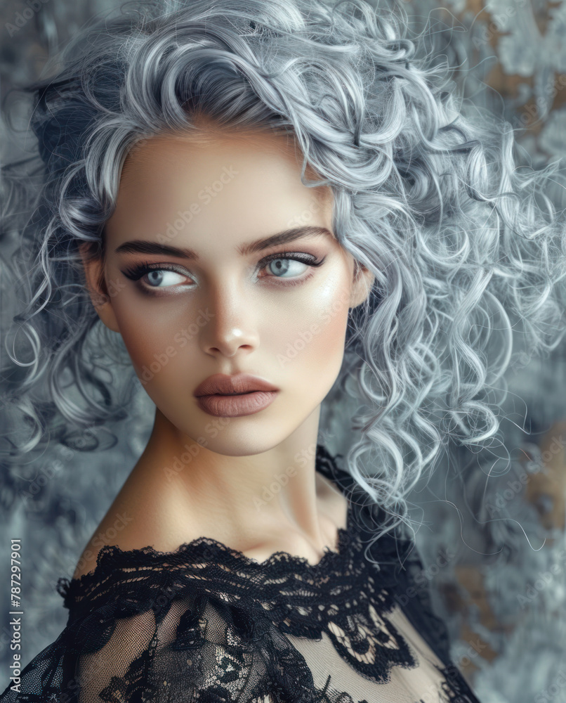 Fototapeta premium A girl with a curly grey hair and makeup in a dress face view. Beauty salon concept 