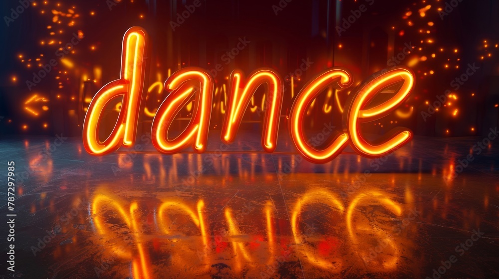 a neon sign that says dance in the middle of a floor