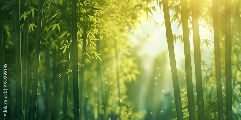 Fototapeta premium A sun-drenched bamboo forest presents a tranquil scene, with beams of light piercing through the lush greenery
