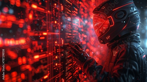 3D character setting up a cybersecurity firewall, isolated on a vibrant red and black gradient background