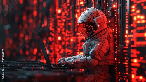 3D character setting up a cybersecurity firewall, isolated on a vibrant red and black gradient background