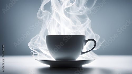 A cup of coffee placed on the table, steaming hot, leisurely living