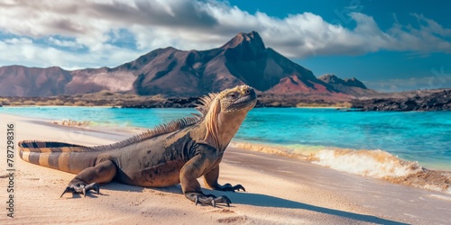 An impressive iguana basks on a sandy beach, with a stunning volcanic landscape in the distant background photo