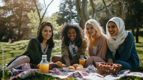 Group Of Young Women Friends Of Diverse Ethnicities Enjoying A Sunny Picnic In The Park