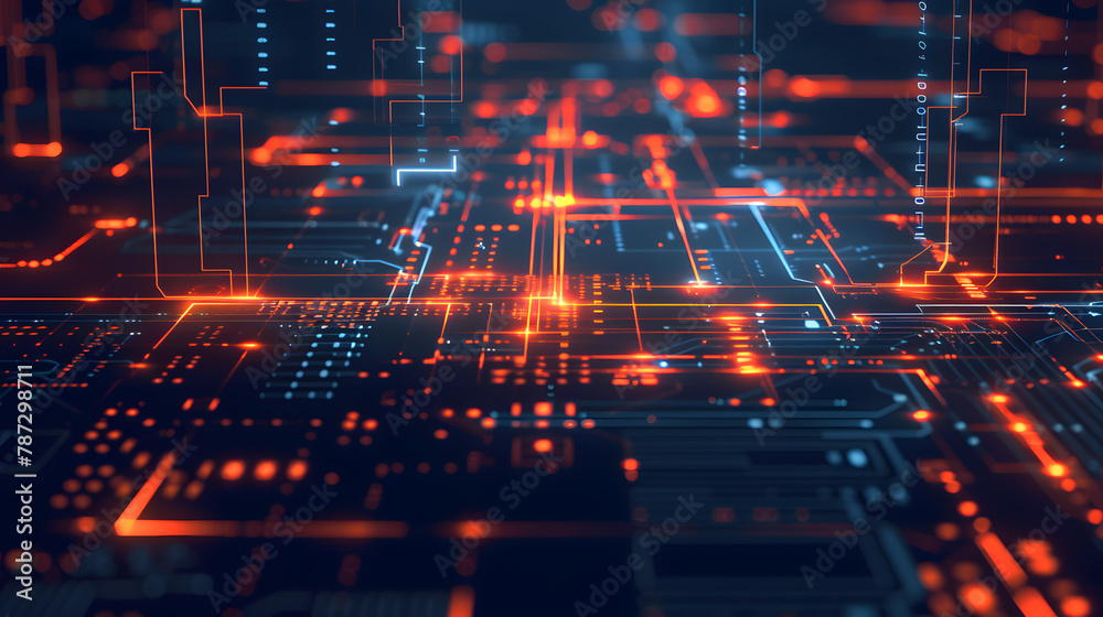 Detailed view of an intricate red and orange circuitry pattern, symbolizing technology and connectivity Detailed view of an intricate red and orange circuitry pattern, symbolizing technology and connectivity