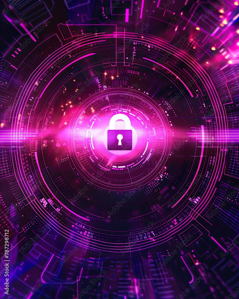 Purple abstract cyber security background with lock icon