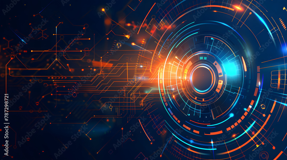 An abstract image of vibrant digital interface with technology concepts and circuit patterns Represents innovation, data, and connectivity An abstract image of vibrant digital interface with technology concepts and circuit patterns Represents innovation, data, and connectivity