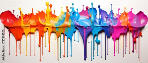 Abstract paint drips in a rainbow of vivid colors on a sleek  white background