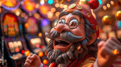 Cartoon bearded casino goer in a victory dance, slot machine jackpot sirens, festive background