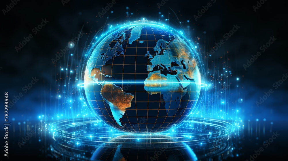 Obraz premium Animated globe with moving data streams, focusing on cybersecurity, in a photorealistic style,