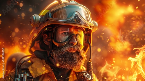 Cartoon bearded firefighter bravely battling flames, heroic action scene background