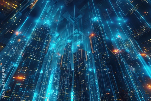 Futuristic cityscape with glowing blue lines and technology concept. Generate AI image