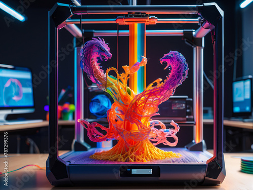 a 3D printer is shaping a complex item out of molten filament. The digital workspace behind the printer displays a rainbow of 3D model previews and CAD programs.