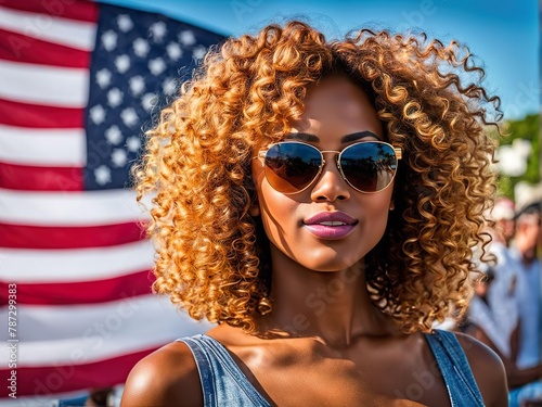 Cute young woman in sunglasses with lush curly hair against the background of the American flag