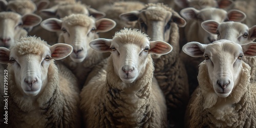 A close-up of a flock of sheep looking at the camera with curiosity amidst their peers in the herd