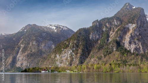 Serene Spring Day at Lake Königssee: Crystal Clear Waters and Majestic Alpine Cliffs photo