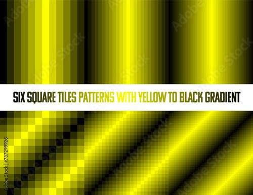 Yellow to black in square tiles, seamless vector pattern, monochromatic, collection of six