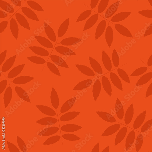 Bright orange vector seamless pattern with rowan leaves in modern flat style for covers prints wallpaper textiles for home interior decoration seasonal holidays thanksgiving festivals.