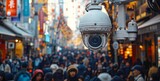 A security camera mounted on the side of an urban building, capturing traffic and pedestrians in motion. The cityscape is blurred with streetlights casting long shadows. Generative AI