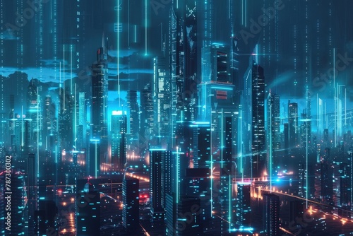 Futuristic cityscape with glowing blue lines and technology concept. Generate AI image