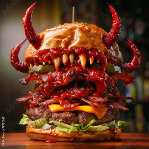 a large burger with a monster face and lots of sauce on it