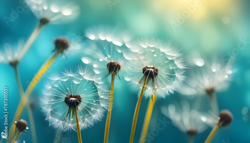 Dandelion Seeds in droplets of water on blue and turquoise beautiful background with soft focus in nature macro. Drops of dew sparkle on dandelion in rays of light, stock images	 photo