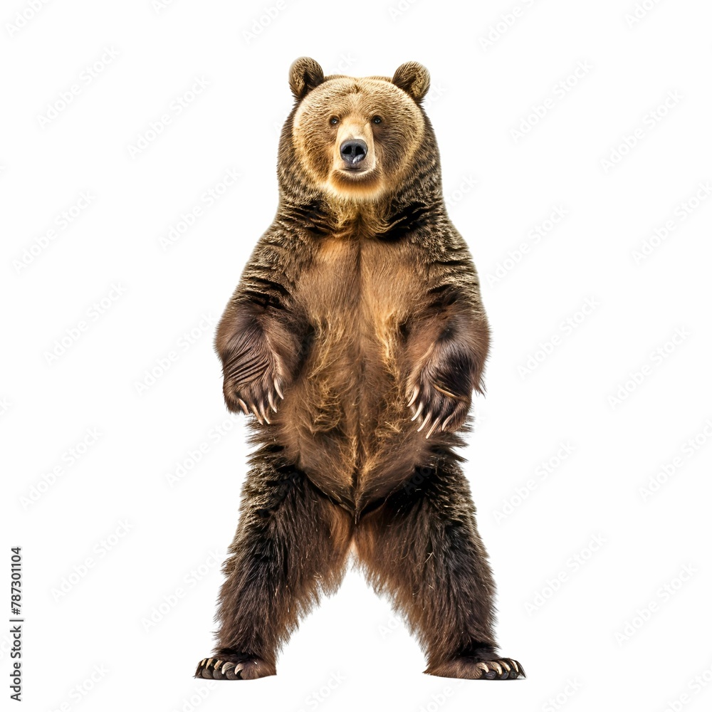 Fototapeta premium A brown bear stands on its hind legs and looks at the camera