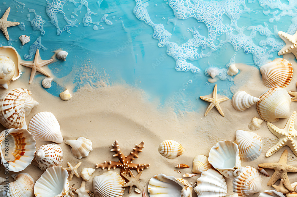 Beach summer panoramic background with seashells and starfish