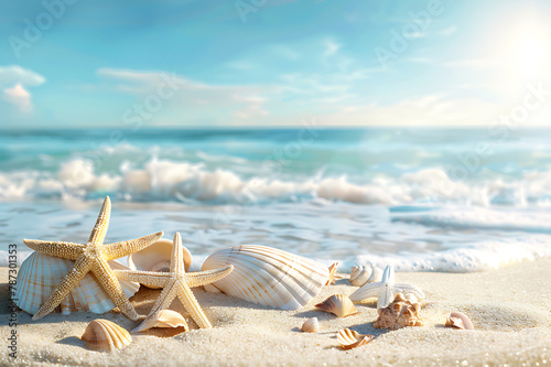 Beach summer panoramic background with seashells and starfish