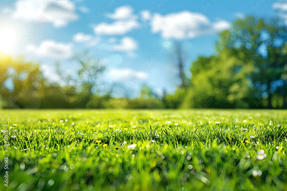 Beautiful blurred background image of spring nature with a neatly trimmed lawn surrounded by trees against a blue sky with clouds on a bright sunny day Beautiful blurred background image of spring nature with a neatly trimmed lawn surrounded by trees against a blue sky with clouds on a bright sunny day