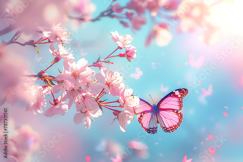Beautiful pink butterfly and cherry blossom branch in spring on blue sky background  soft focus. Amazing elegant artistic image of spring nature  frame of pink Sakura flowers and butterfly