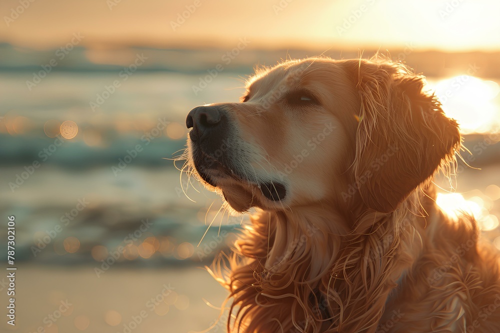 A dog is looking up at the sun on the beach as the sun sets over the water and the beach a