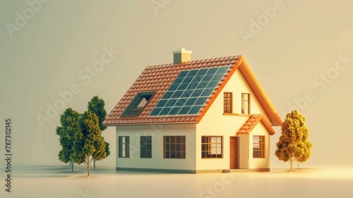 Volumetric 3D model of modern house, cottage with solar panels on the roof. Architectural design for construction of villa, modern technologies for generating green energy photo