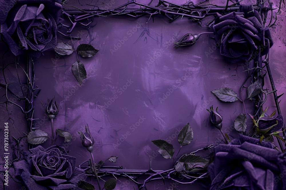 A dark purple background with a frame of black thorns and purple roses.