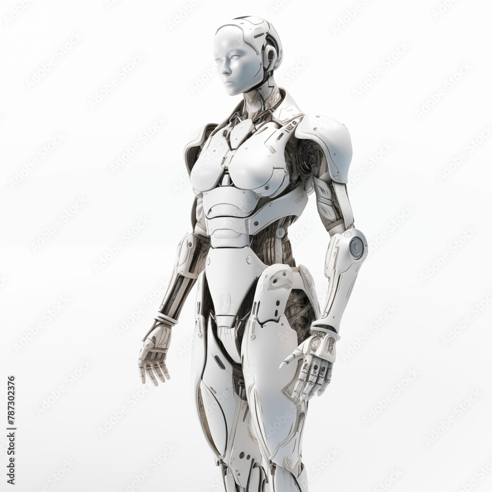 robot body, hyper realistic, unreal engine. modeled after a woman body. white background high fashion. 