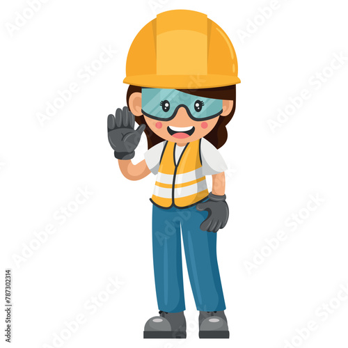 Industrial construction worker woman with his personal protective equipment saluting. Express an idea in a presentation. Safety first. Industrial safety and occupational health at work