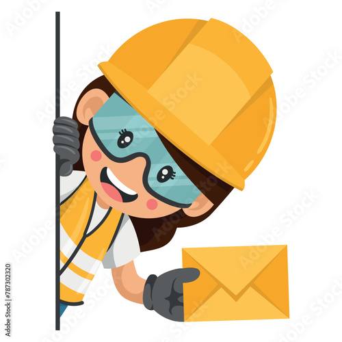 Industrial worker woman peeking out from behind a wall with letter envelope for email. Concept of communication, notification and contact. Industrial safety and occupational health at work