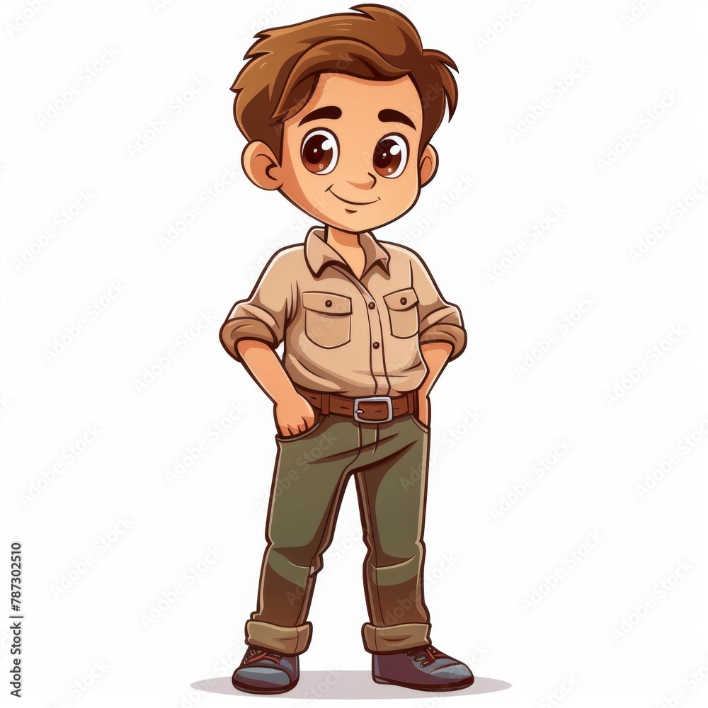 a cartoon boy in a safari shirt standing and smiling