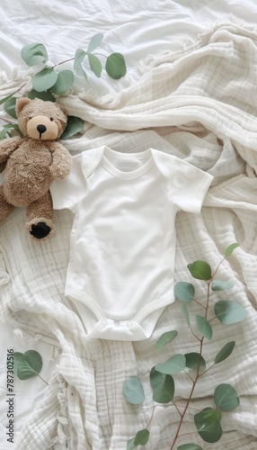 Baby onesie mockup with teddy bear toy and eucalyptus on ivory blanket background