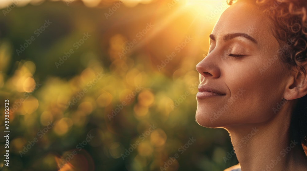 Charming woman closing her eyes in a moment of peace and reflection Charming woman closing her eyes in a moment of peace and reflection