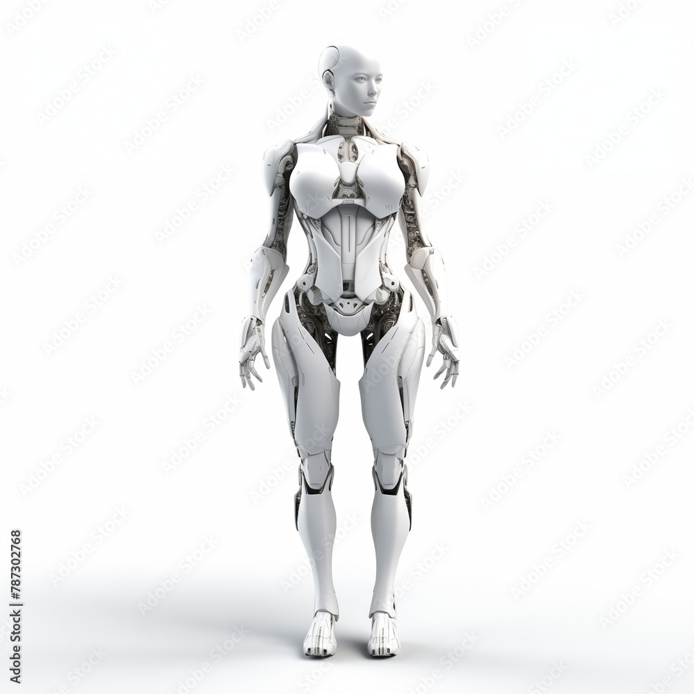 robot body, hyper realistic, unreal engine. modeled after a woman body. white background high fashion. 