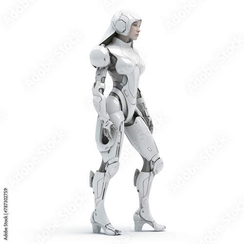 robot body  hyper realistic  unreal engine. modeled after a woman body. white background high fashion. 