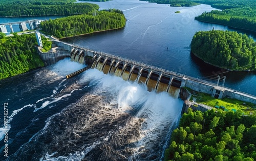 An aerial view of a large hydroelectric dam with rushing water pouring through the floodgates, situated amidst a picturesque forested landscape.